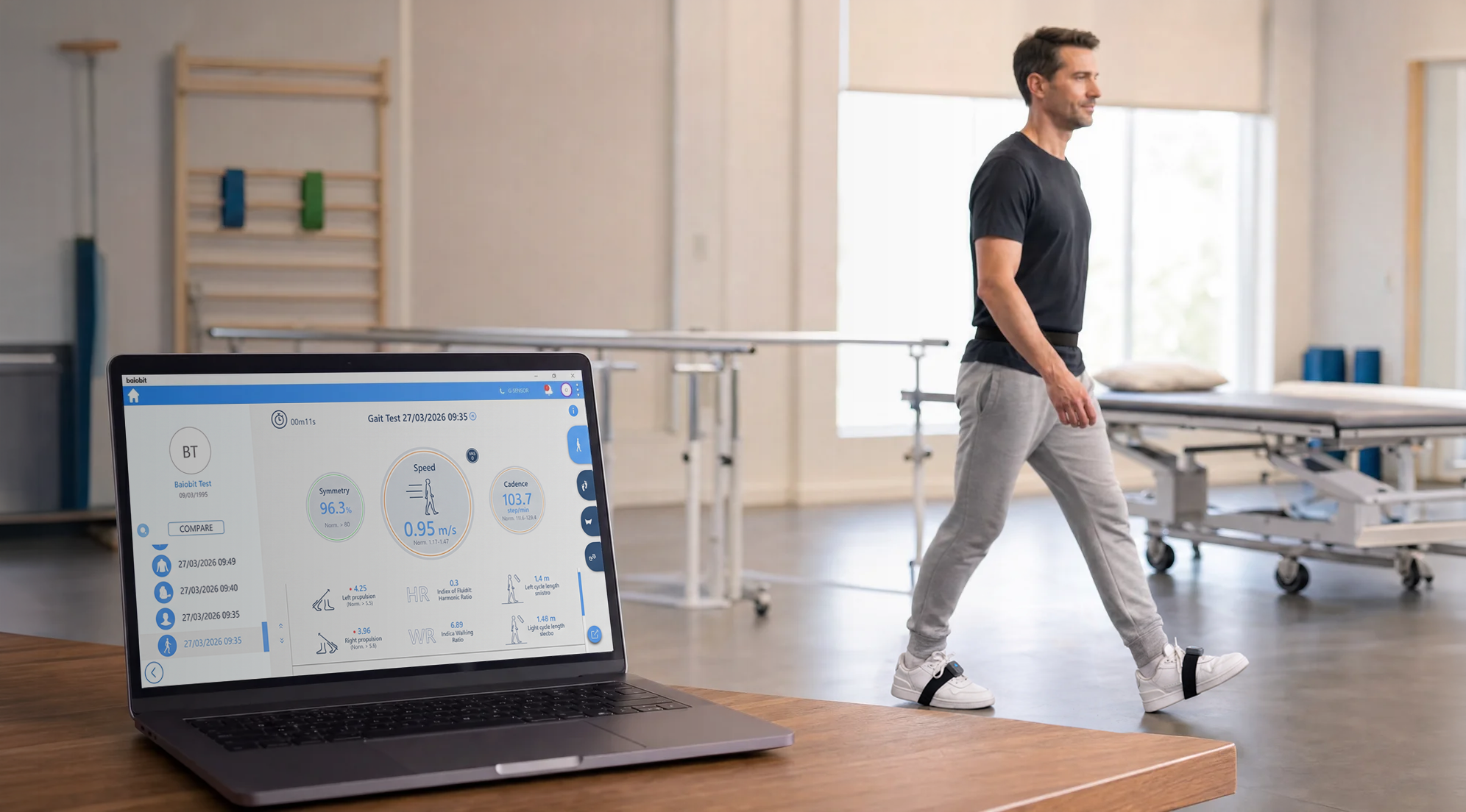 Man walking on a gait analysis treadmill while wearing sensors, with a computer displaying gait data in the foreground inside a clinical or rehabilitation setting.