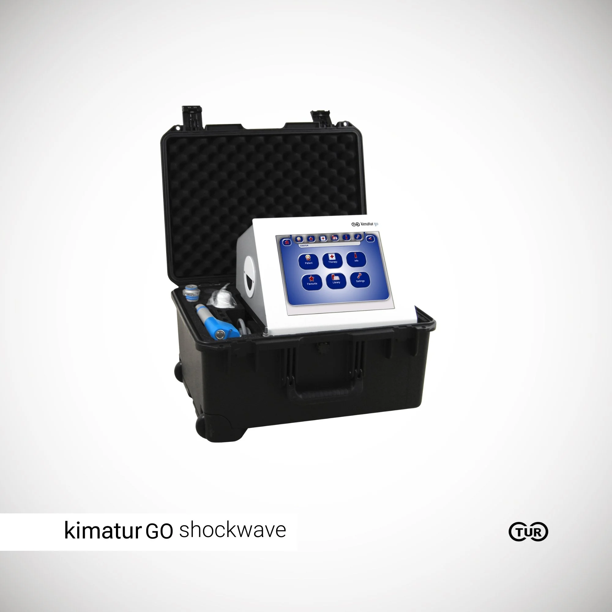 A black protective carrying case with foam padding is open, revealing a medical shockwave therapy device inside with a screen and buttons, labeled 'kimatur GO shockwave,' with some accessories nearby. The image is against a plain white background.