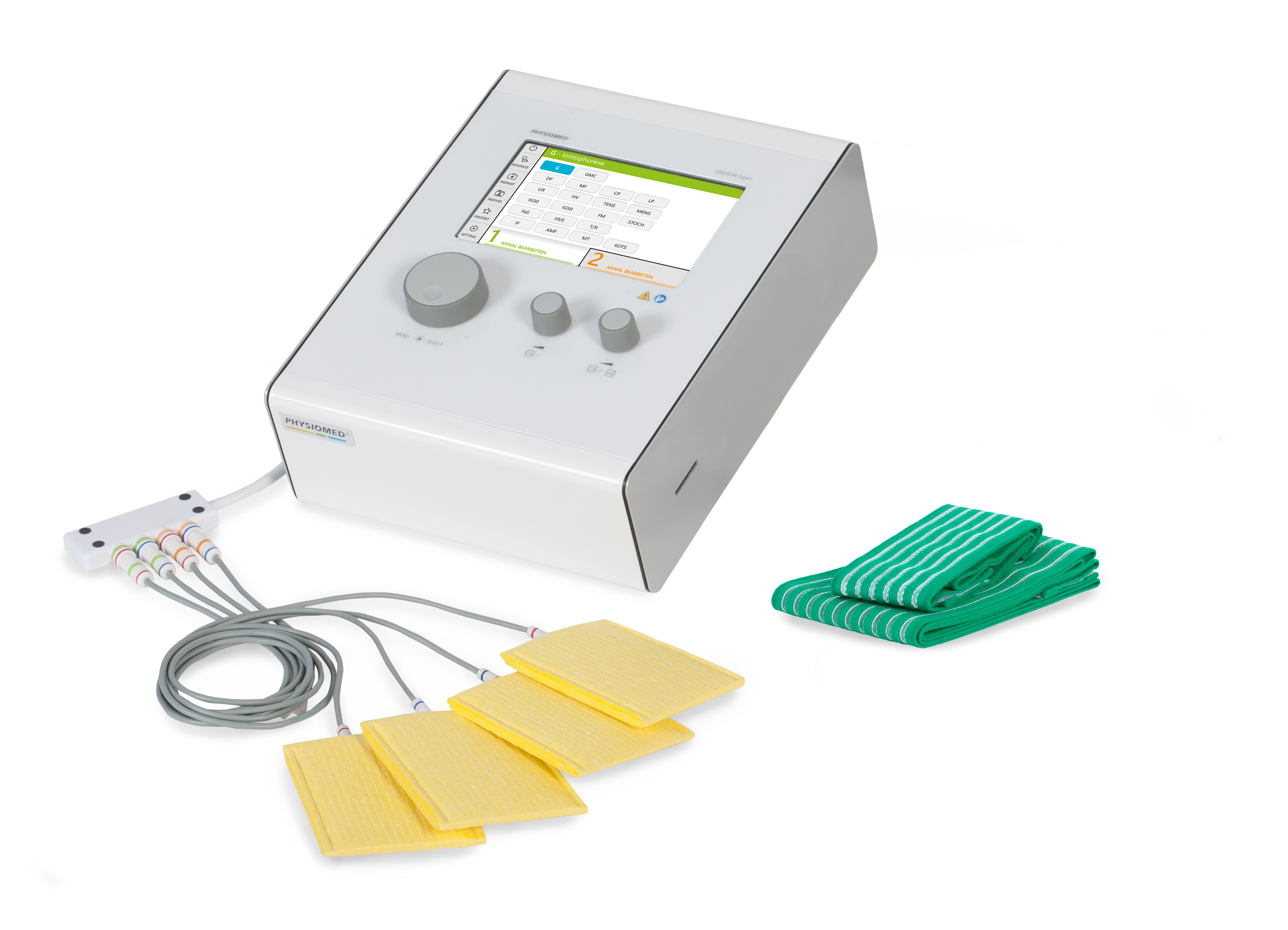 Medical device with multicolored cables and attachments, surrounded by yellow cleaning pads, green fabric, and control buttons.