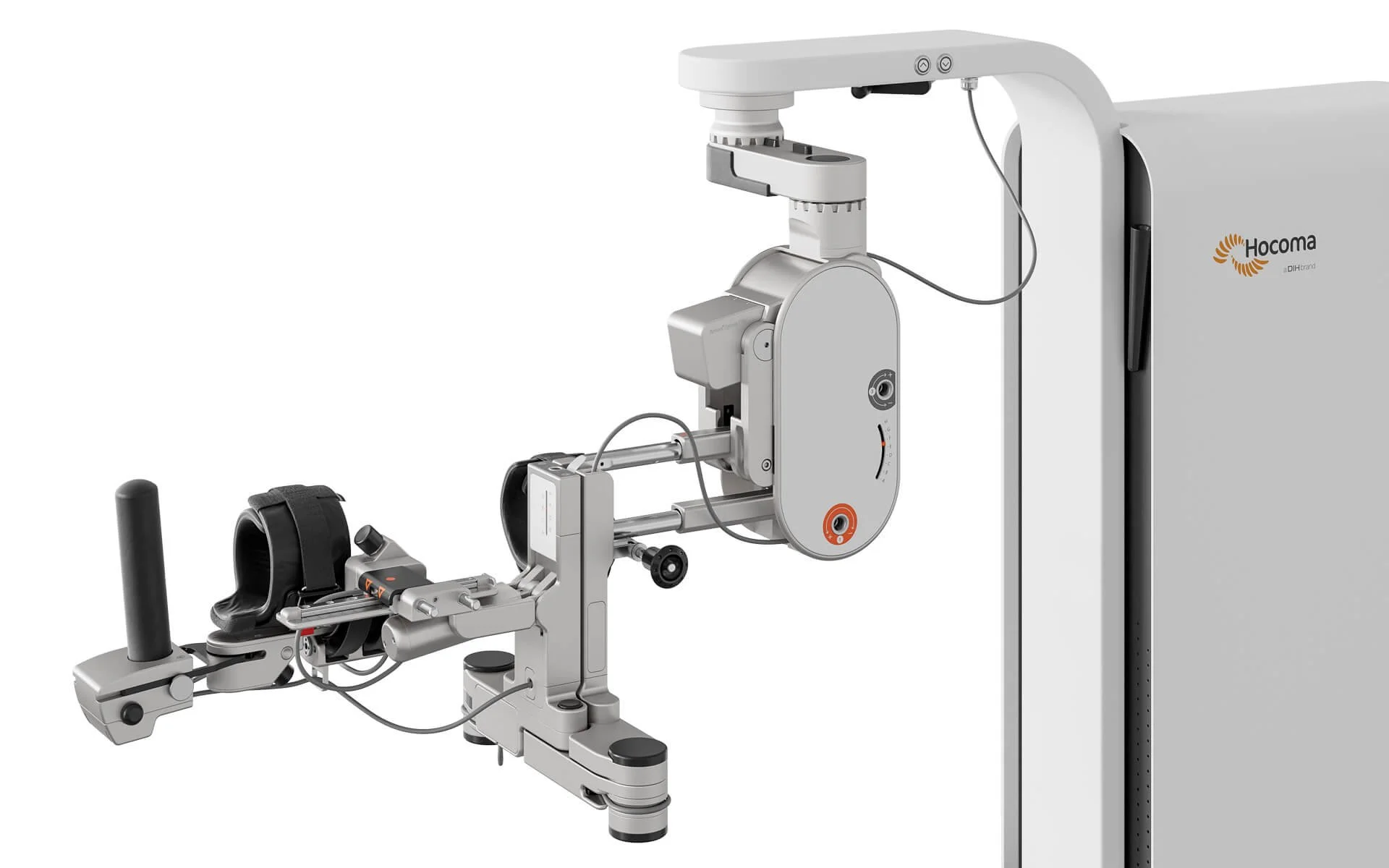 Medical imaging device with mechanical arms and controls, branded Hocoma, designed for healthcare therapy or diagnostics.