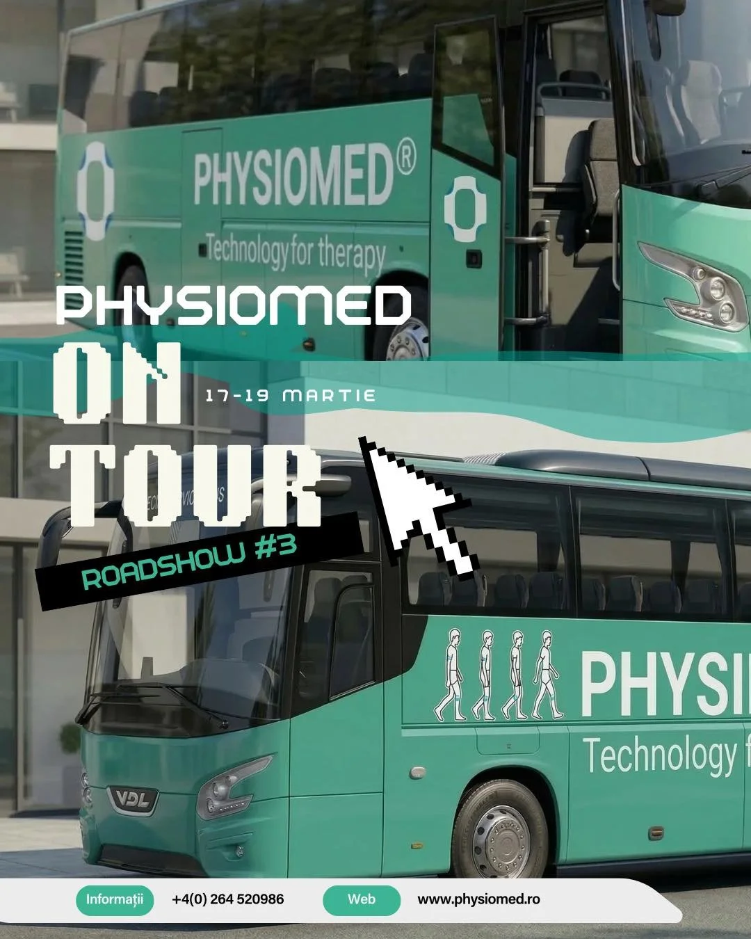 Event poster for Physiommed on the 17th to 19th of March, featuring images of therapy buses with the Physiommed logo, a graphic of walking figures, and contact information at the bottom.