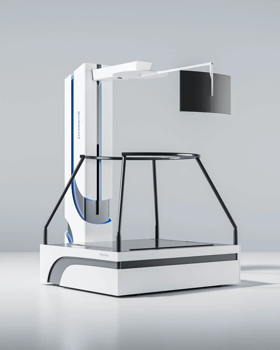 Medical robotic surgical system with a black examination table and an adjustable monitor on an arm.