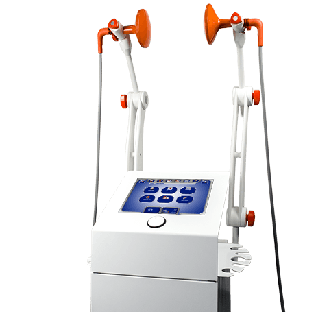 Medical device with two orange and white attachments and a digital screen in the center.