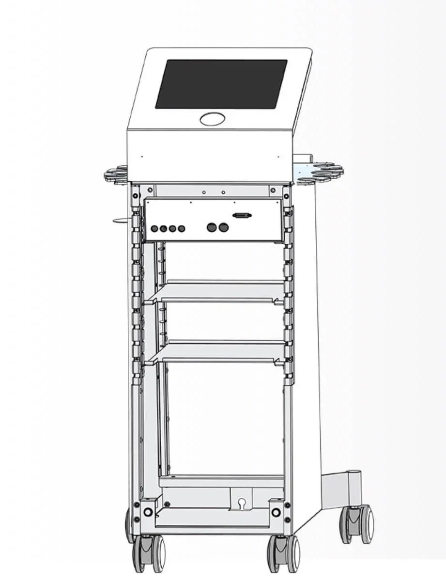 Illustration of a medical computer cart with a touchscreen and multiple shelves on casters.