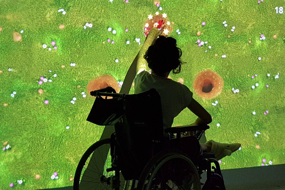 Person in a wheelchair reaching out to touch a bright, colorful digital screen showing a landscape with green grass, flowers, and abstract circles.