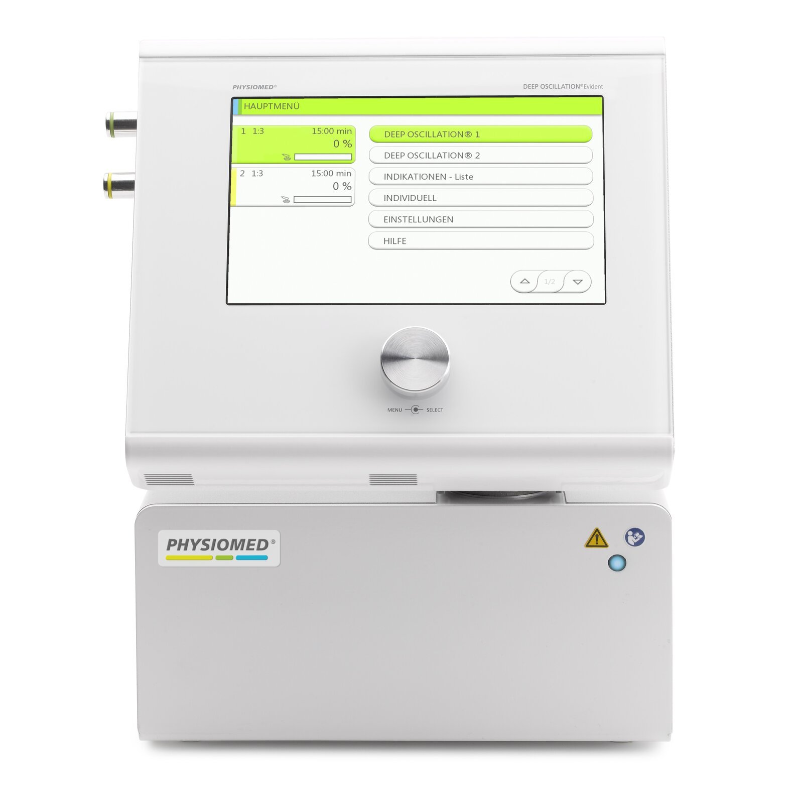 A medical device with a digital touchscreen display, branded PhysioMed, showing a menu in German with options for deep oscillation treatments, program settings, and navigation buttons, on a white background.