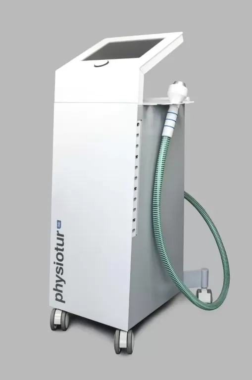 Medical laser device on wheels with a touchscreen and a connected hose.