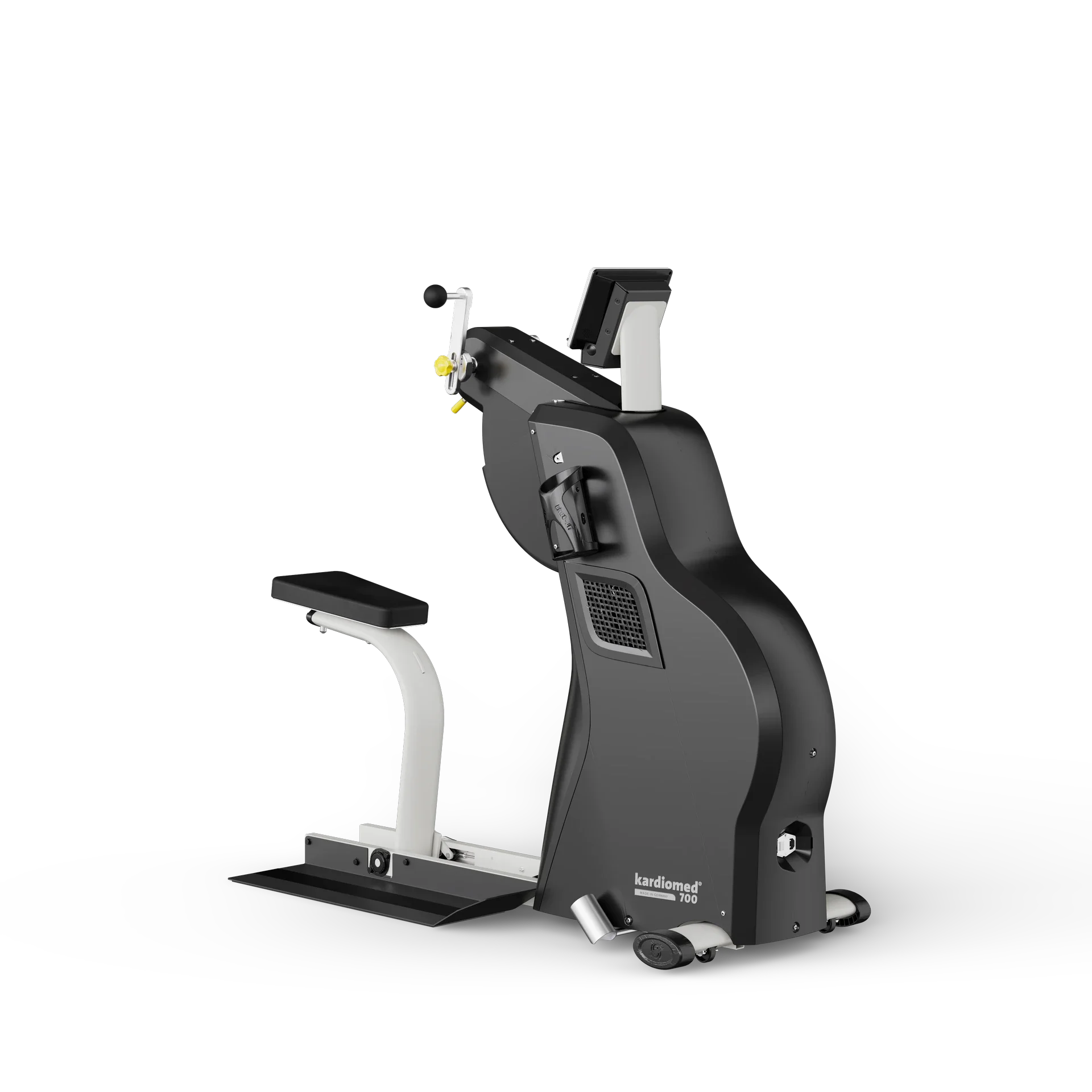 A black and gray medical exercise bike with a digital display, adjustable handle, and a padded seat, labeled 'kardiomed 700', isolated on a black background.