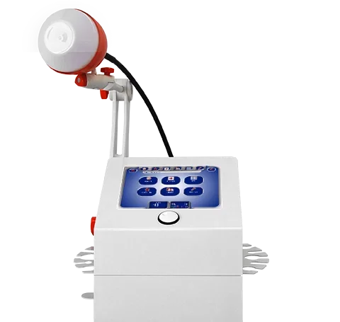 A modern fire alarm control panel with a digital touchscreen interface and a connected device mounted on top.