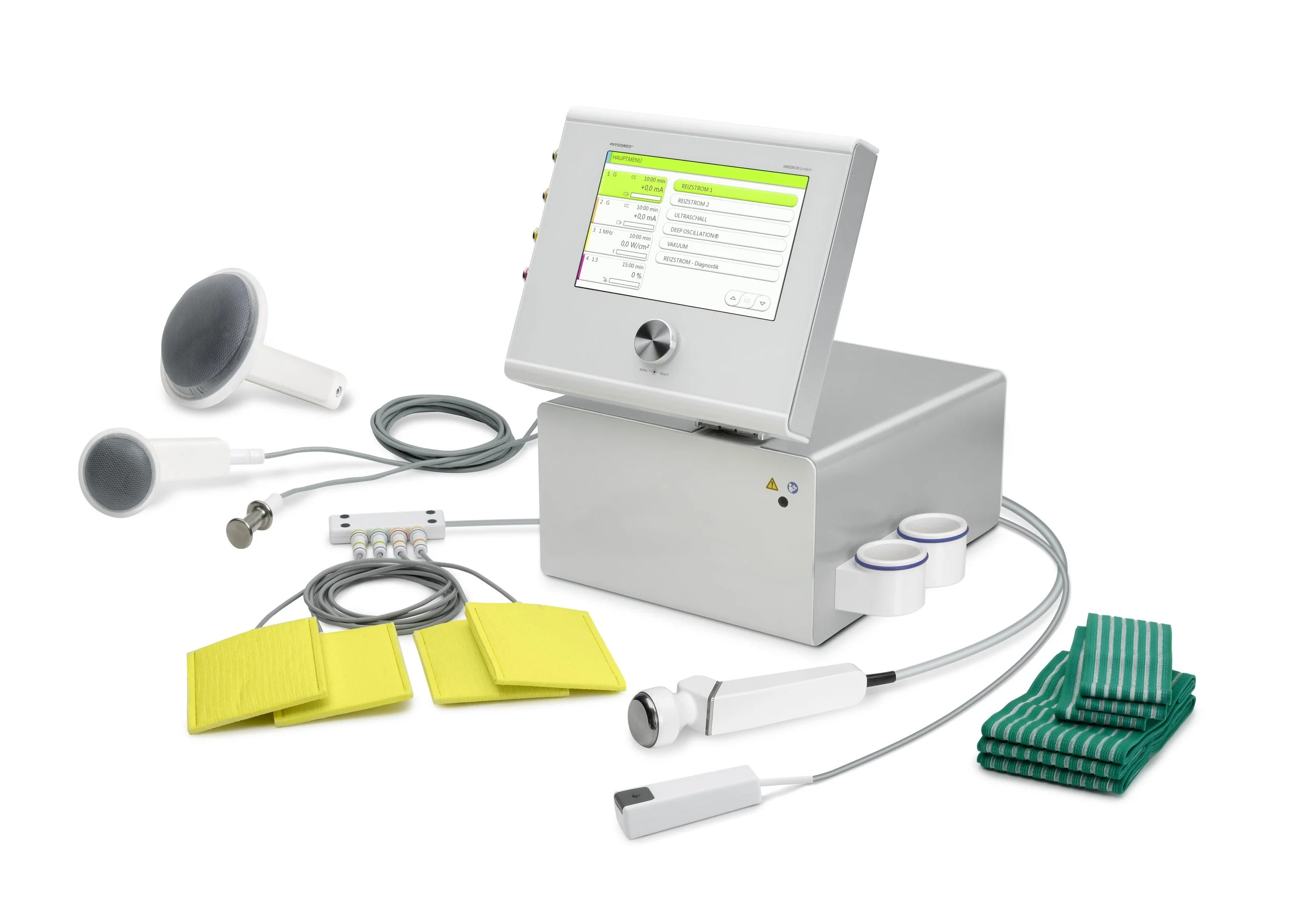 Medical equipment and accessories including a monitoring screen, electrodes, cables, and pads on a white background.