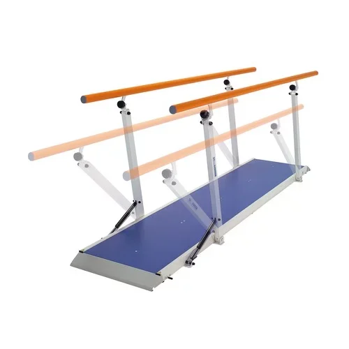 A ballet barre with adjustable height and a blue base for stretching or practicing dance.
