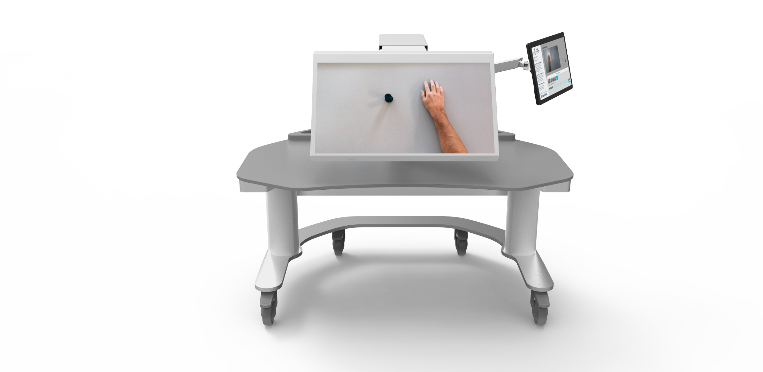 A white medical or laboratory table with a gray top and wheels, a whiteboard behind it with a person's arm and hand writing on it, and a mounted screen displaying information, all set against a black background.