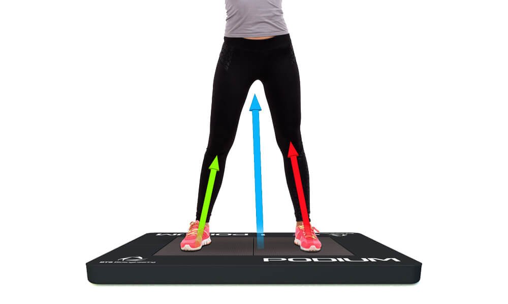 Person standing on a balance board with arrows pointing upward from each foot, indicating weight distribution.