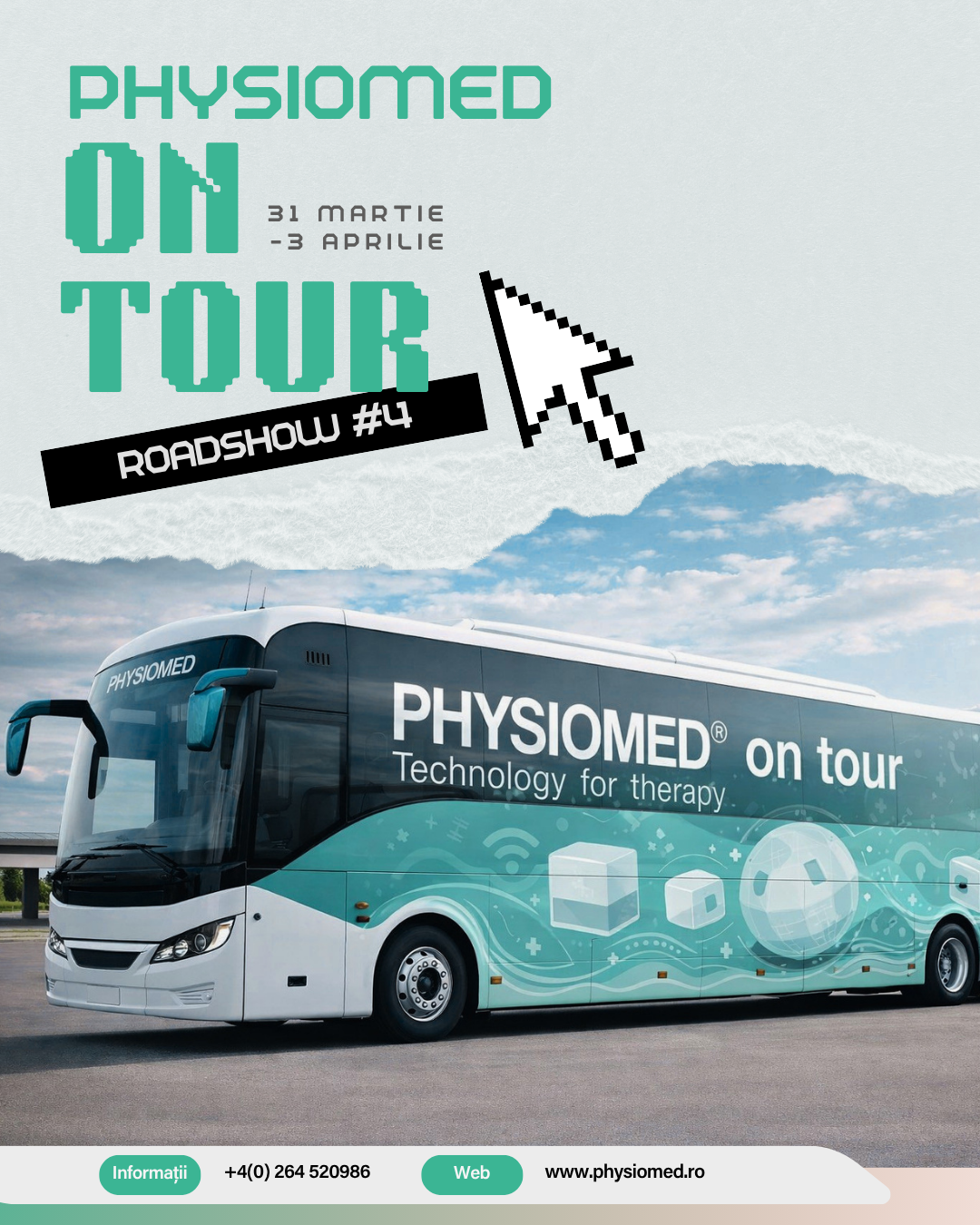 A promotional poster for the PhysioMed on Tour Roadshow. Features a modern bus with the PhysioMed logo and technology imagery, including cubes, a globe, and wireless symbols. Text indicates the event dates from March 31 to April 3, with contact information and a website at the bottom.