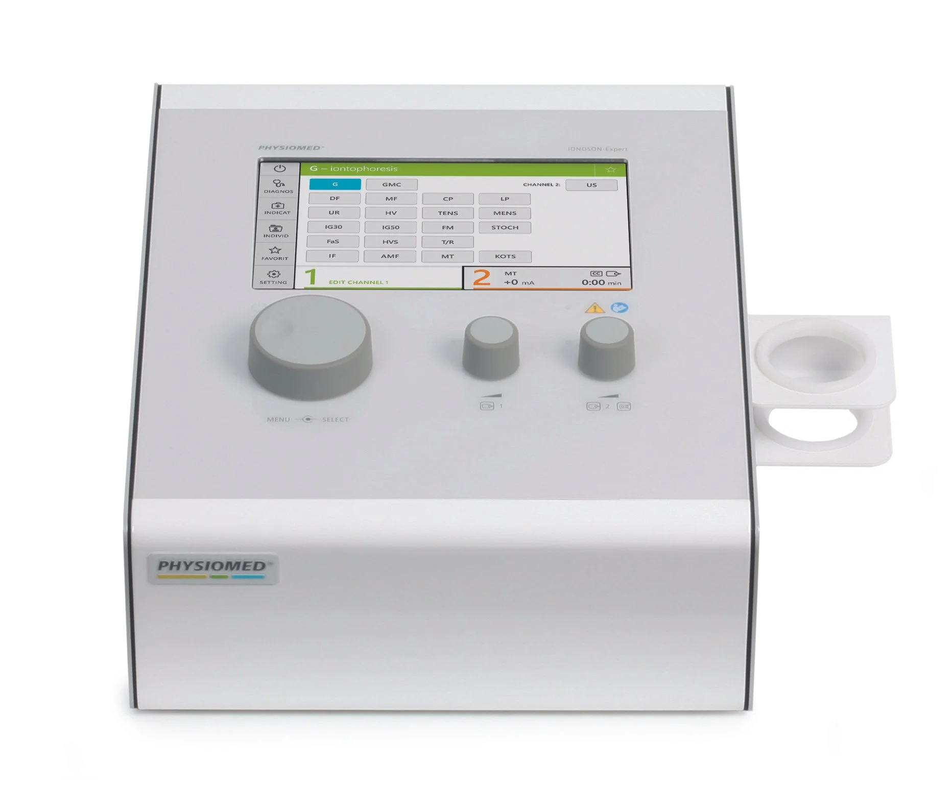 Medical device with a touchscreen display, knobs, and labeled buttons for diagnostics and settings, branded 'PHYSIOMED'.