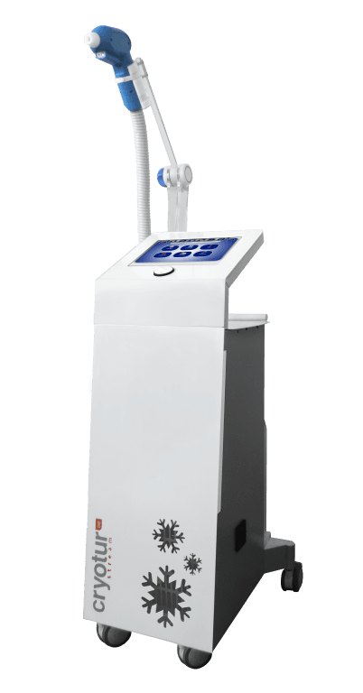 A medical cryotherapy device with a blue applicator attached to a flexible arm, a touchscreen control panel, and a white base with snowflake graphics and the word "CryoTune".