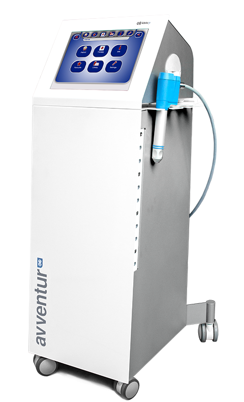 Medical device with a touchscreen interface and a connected tubing system, labeled 'Aventur@' on the front.