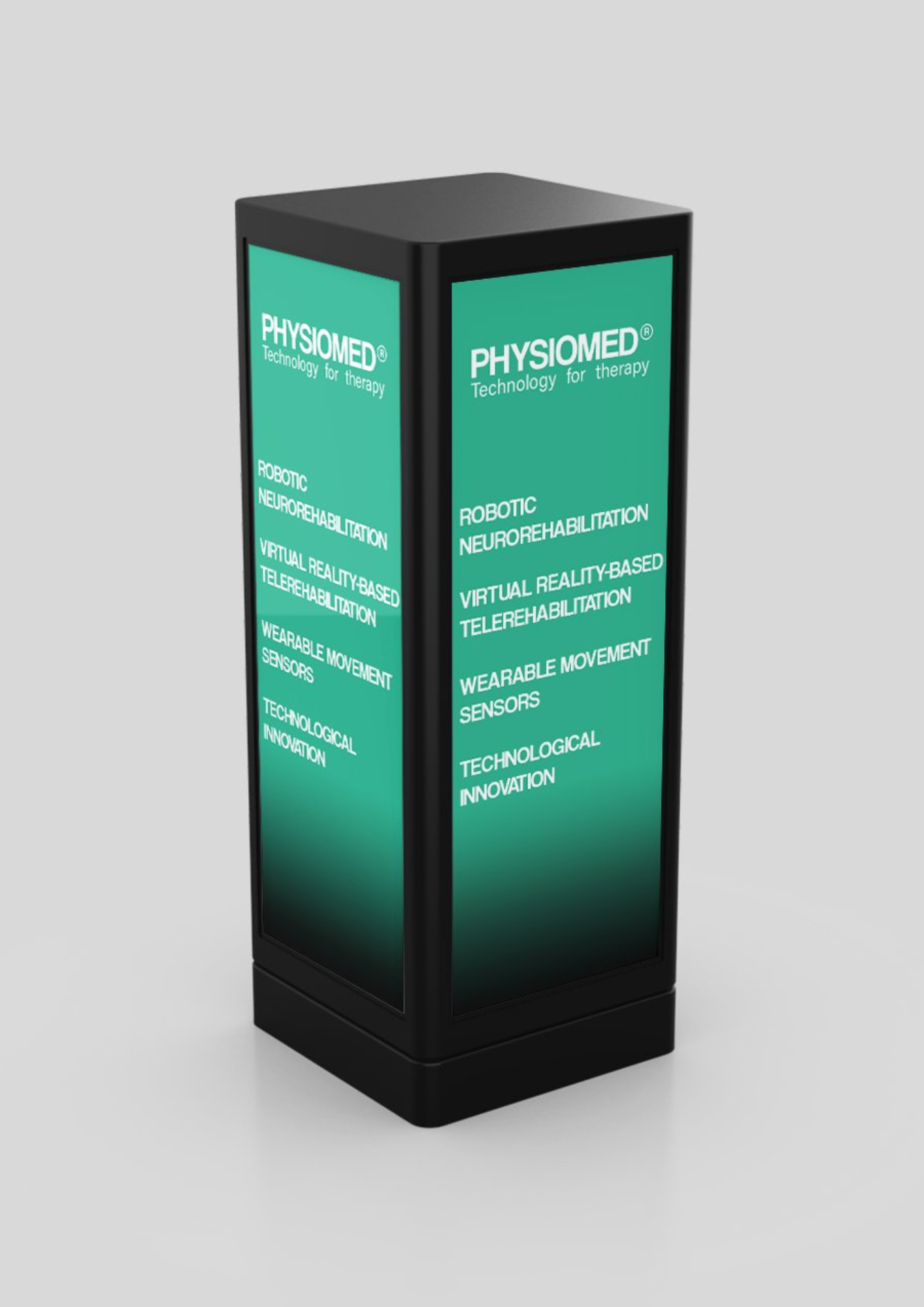 A tall, black display kiosk with green digital signage displaying the text 'PHYSIOMED, Technology for therapy, robotic neurorehabilitation, virtual reality-based telerehabilitation, wearable movement sensors, technological innovation'.