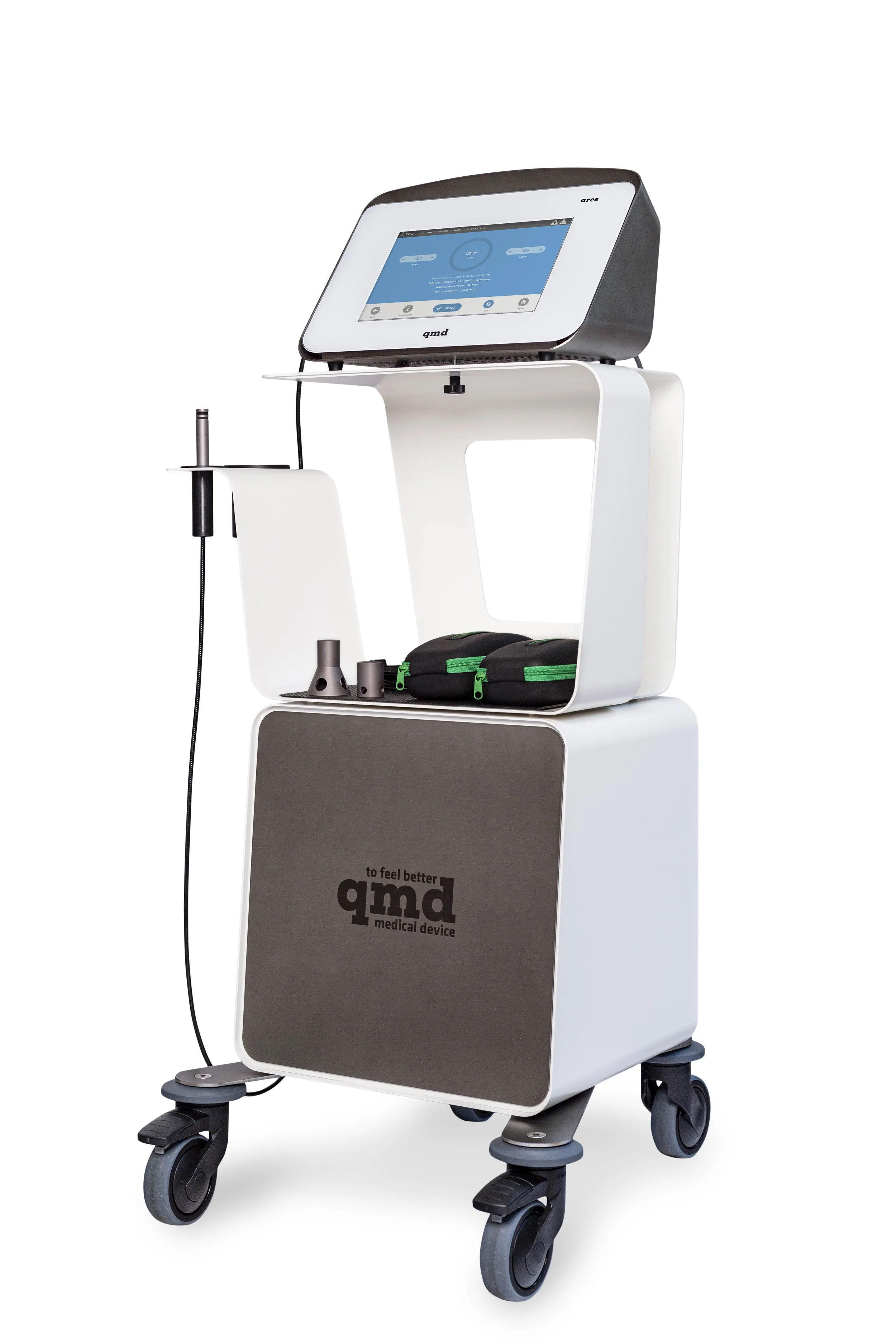 Medical device cart with a monitor, various medical tools, and storage compartments, branded with 'qmd' and the phrase 'to feel better'.