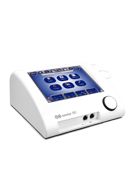 Medical device labeled 'Sonotur 701' with a touchscreen displaying icons and a large rotary dial, set against a dark background.