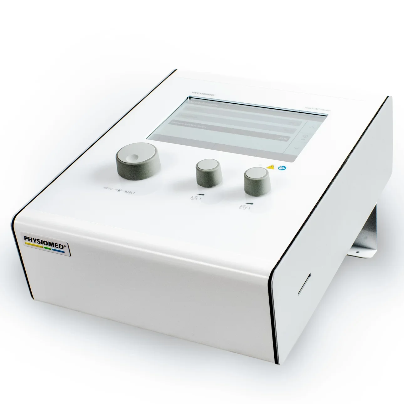 Medical device with a touchscreen display and three control knobs, branded Physiodmed, likely used for physiotherapy or electrophysiology treatments.