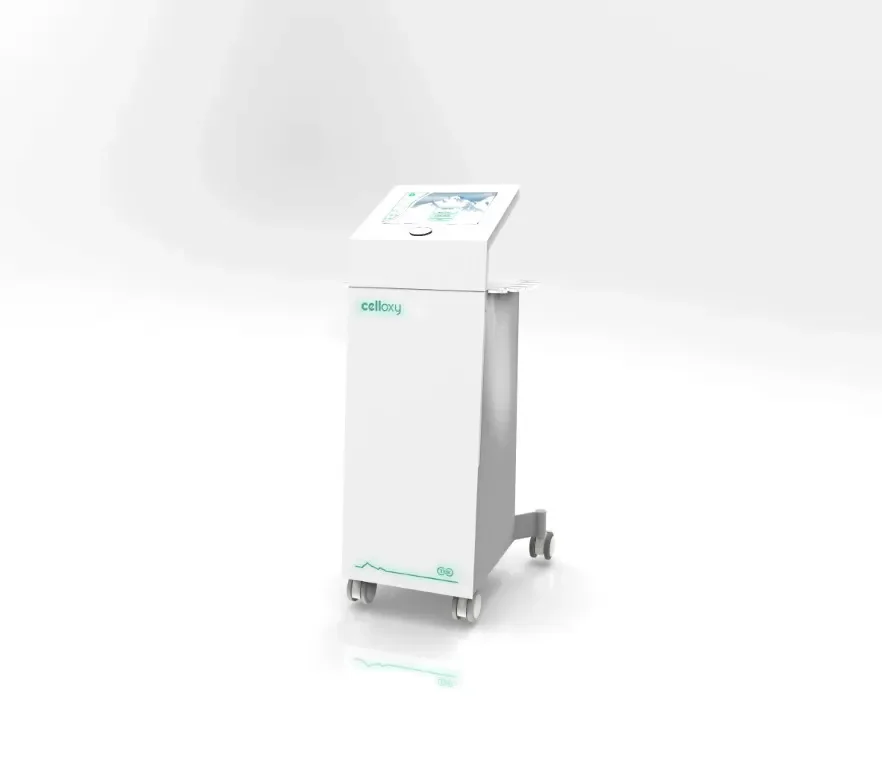 A white medical or laboratory device on wheels with a touchscreen interface at an angle, labeled 'celloxy'.