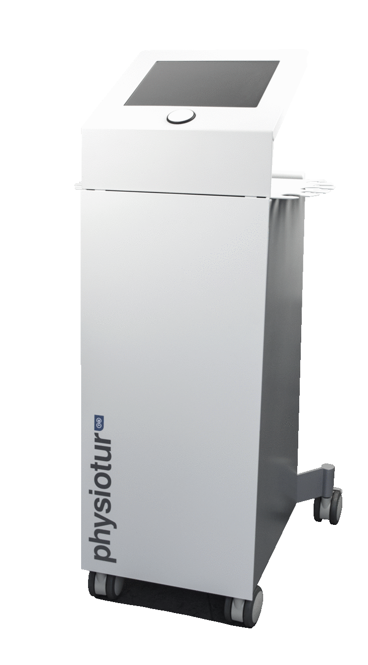 A white medical device on wheels labeled 'physiotur' with a touchscreen display and a circular control button on top.