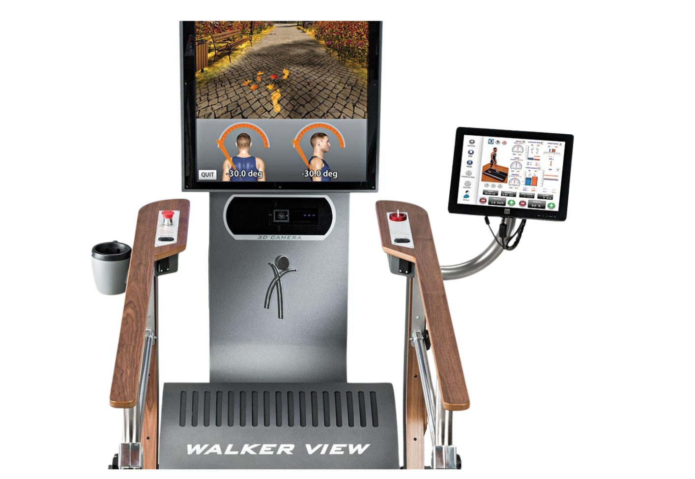 A gait analysis machine called Walker View with two monitors displaying assessments of a person's walking form. The main screen shows a virtual outdoor walkway with leaf fall, and underwater tilt and rotation measurements. The side screen displays various training and analysis data.