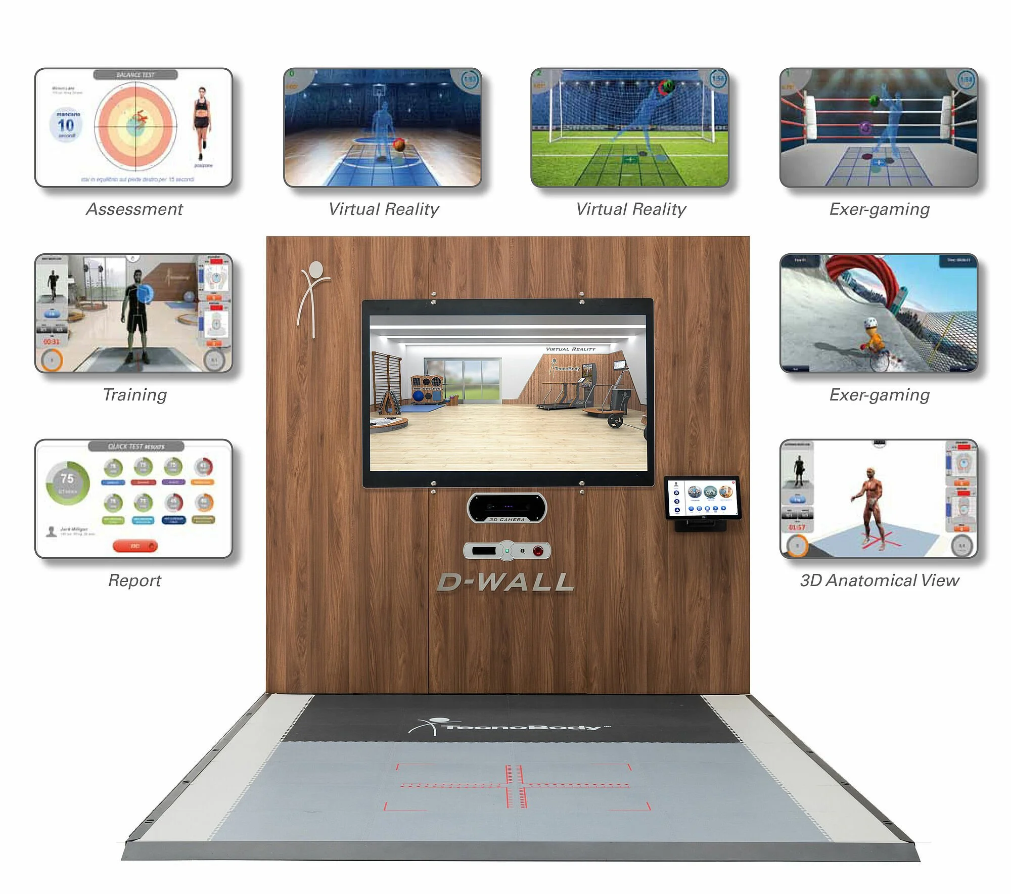 A large ToucherBody D-Wall virtual sports training and assessment system with a wooden finish, built-in treadmill, and digital screens displaying sports simulations, reports, and 3D anatomical views.