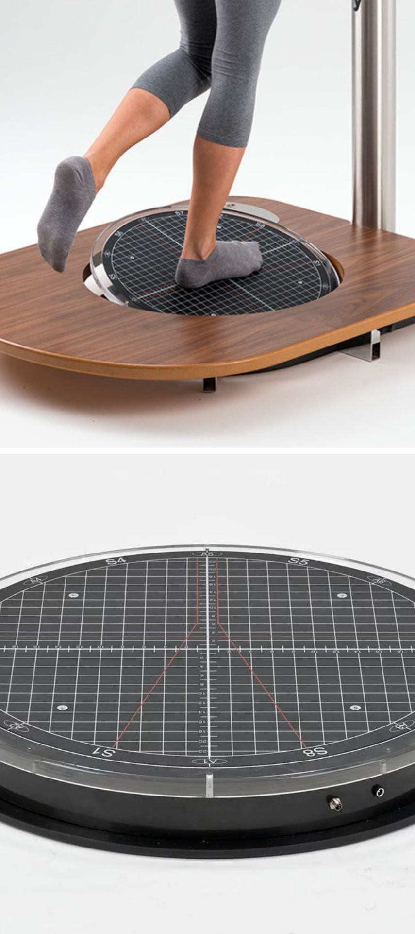 Person practicing on a white indoor cycling or aerobic trainer with a wood-like top surface and a black adjustable surface with measurement grid.