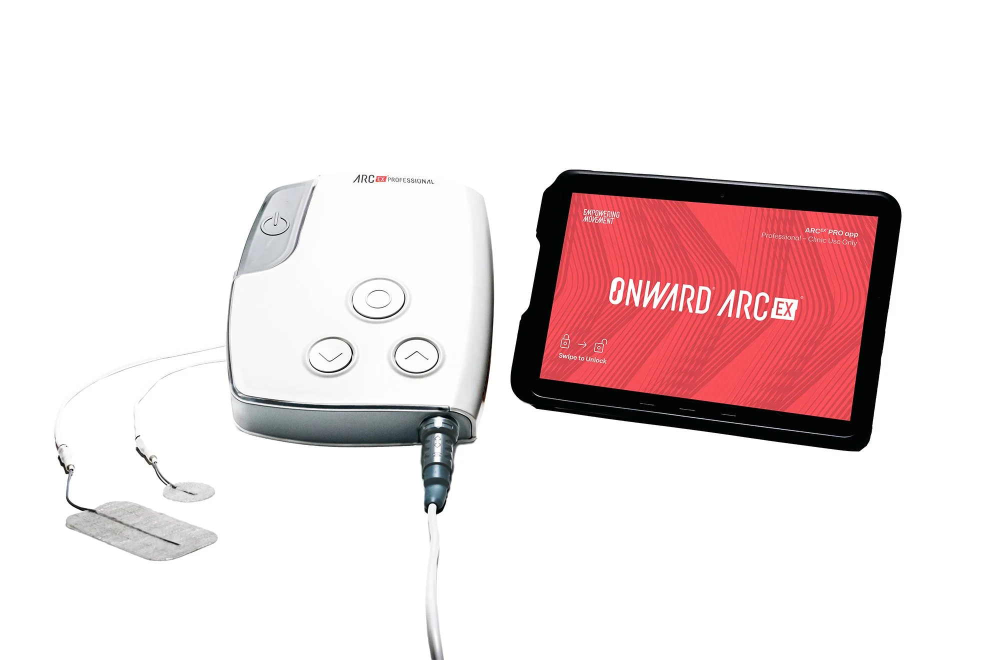 Medical device with a screen displaying 'ONWARD ARC EX' and a white handheld unit connected by a cord, accompanied by small pads and a strap.