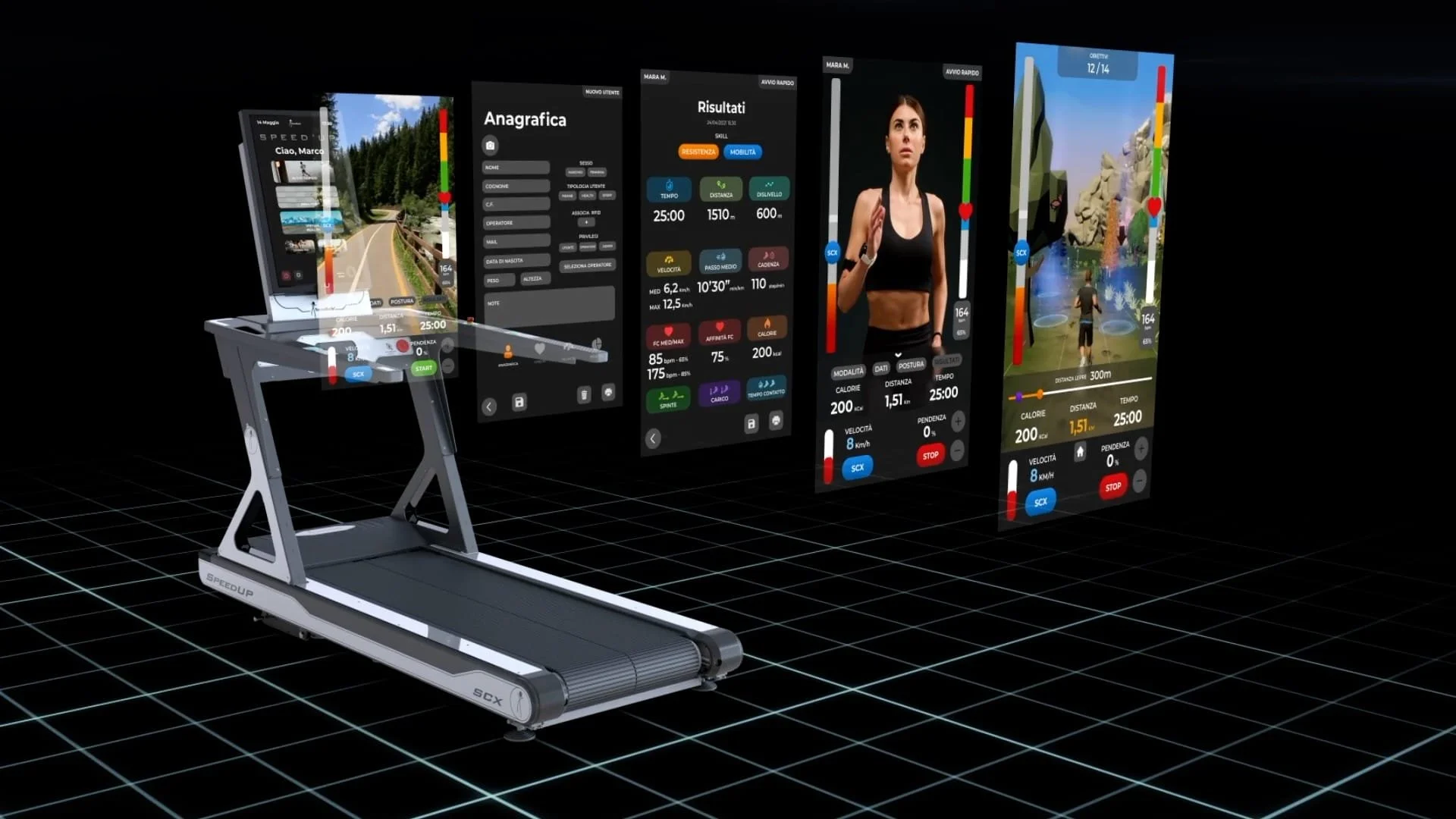 Digital treadmill display with multiple screens showing workout data, a woman exercising, and scenic outdoor images in the background.