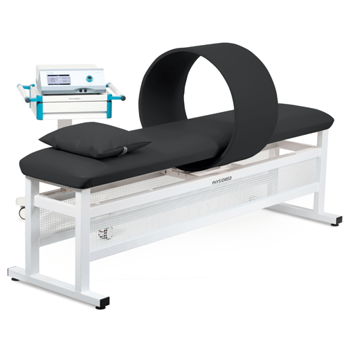 A medical imaging machine with a cushioned table, a pillow, and a ring-shaped scanner, used for MRI scans.