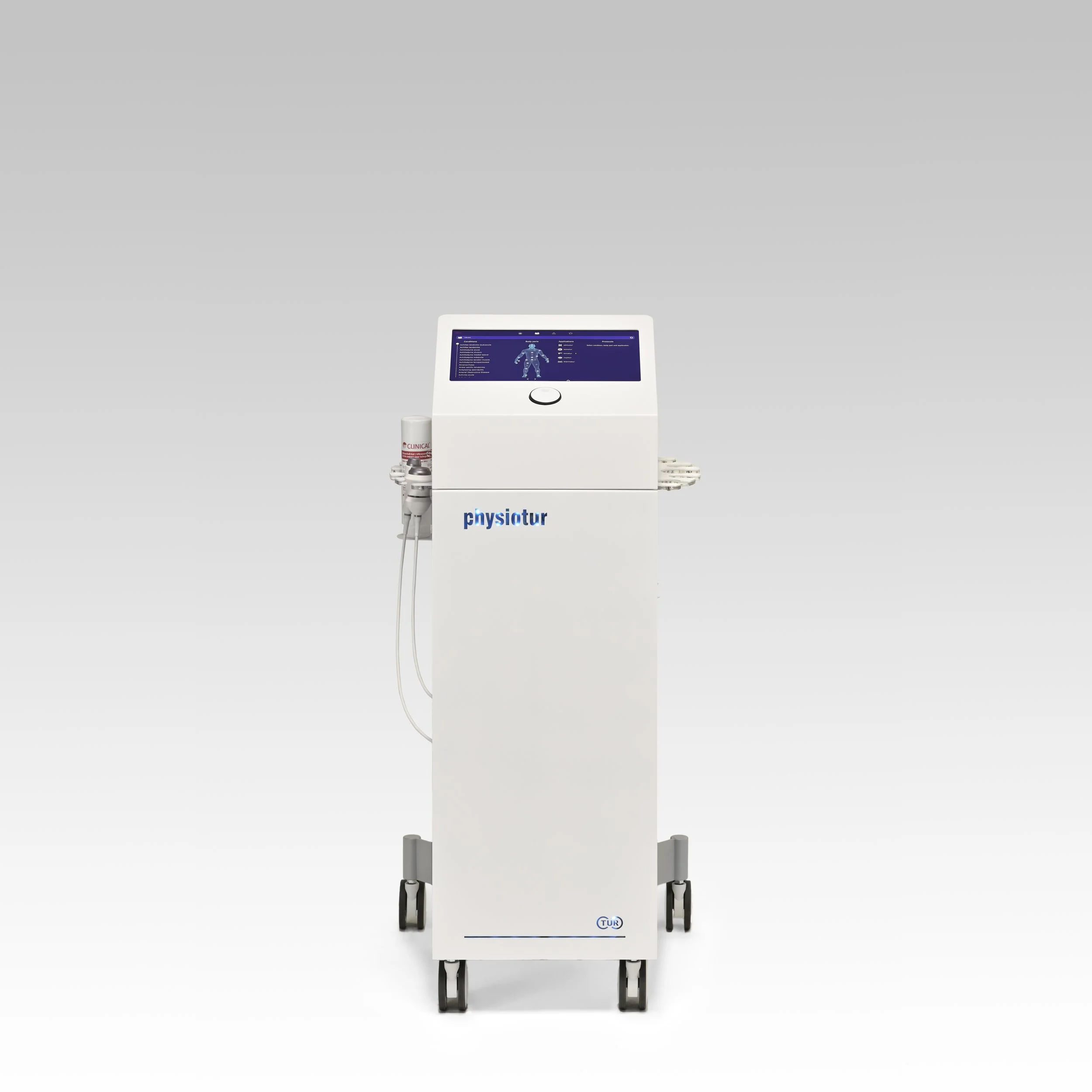 Medical device with display screen, tubing, and a container labeled 'CLINICAL' on a white background.