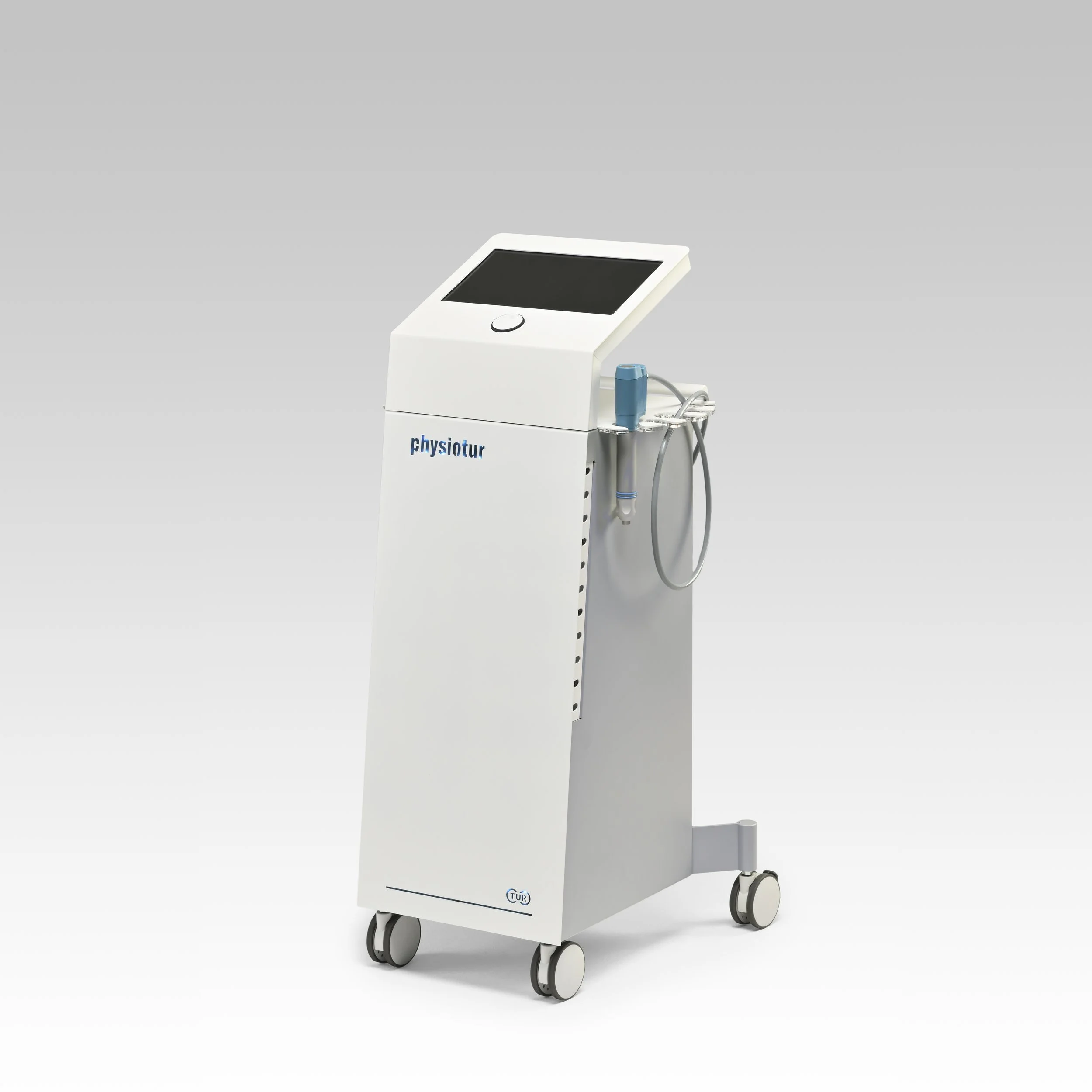 A medical device on wheels with a touchscreen display and tubes attached, labeled 'physiotur'.