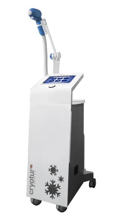 Medical device with a robotic arm and touchscreen, with snowflake graphics on the front, labeled 'CryoTur'.