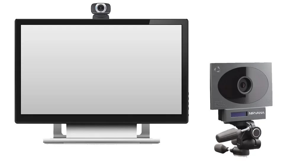 A video conferencing setup with a large monitor, a webcam mounted on top, and a camera on a tripod