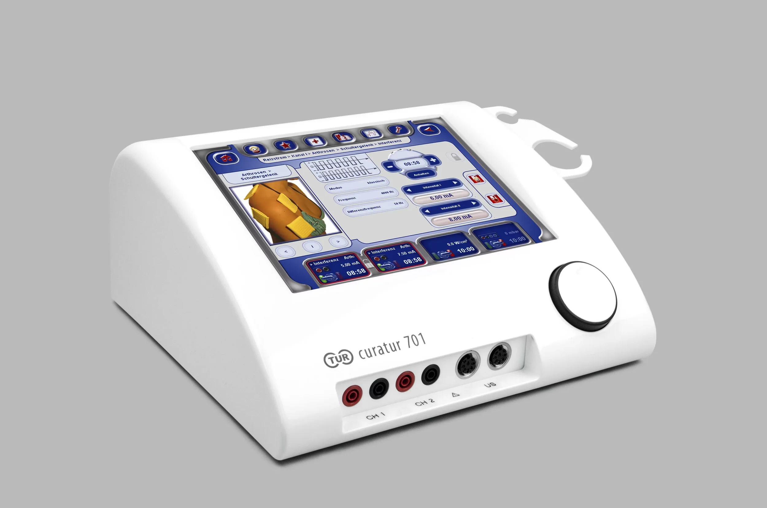 A medical device touchscreen computer with a display showing various interface options and a colorful illustration of a shoulder joint, with ports on the side labeled for different channels.