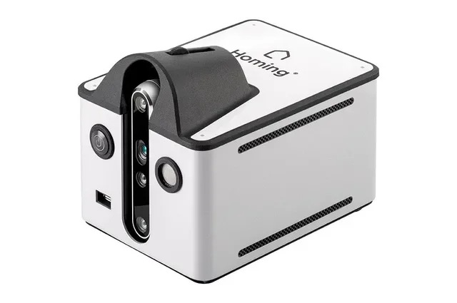 A small, white robot with multiple cameras and sensors, labeled with the text 'Homing' on top.