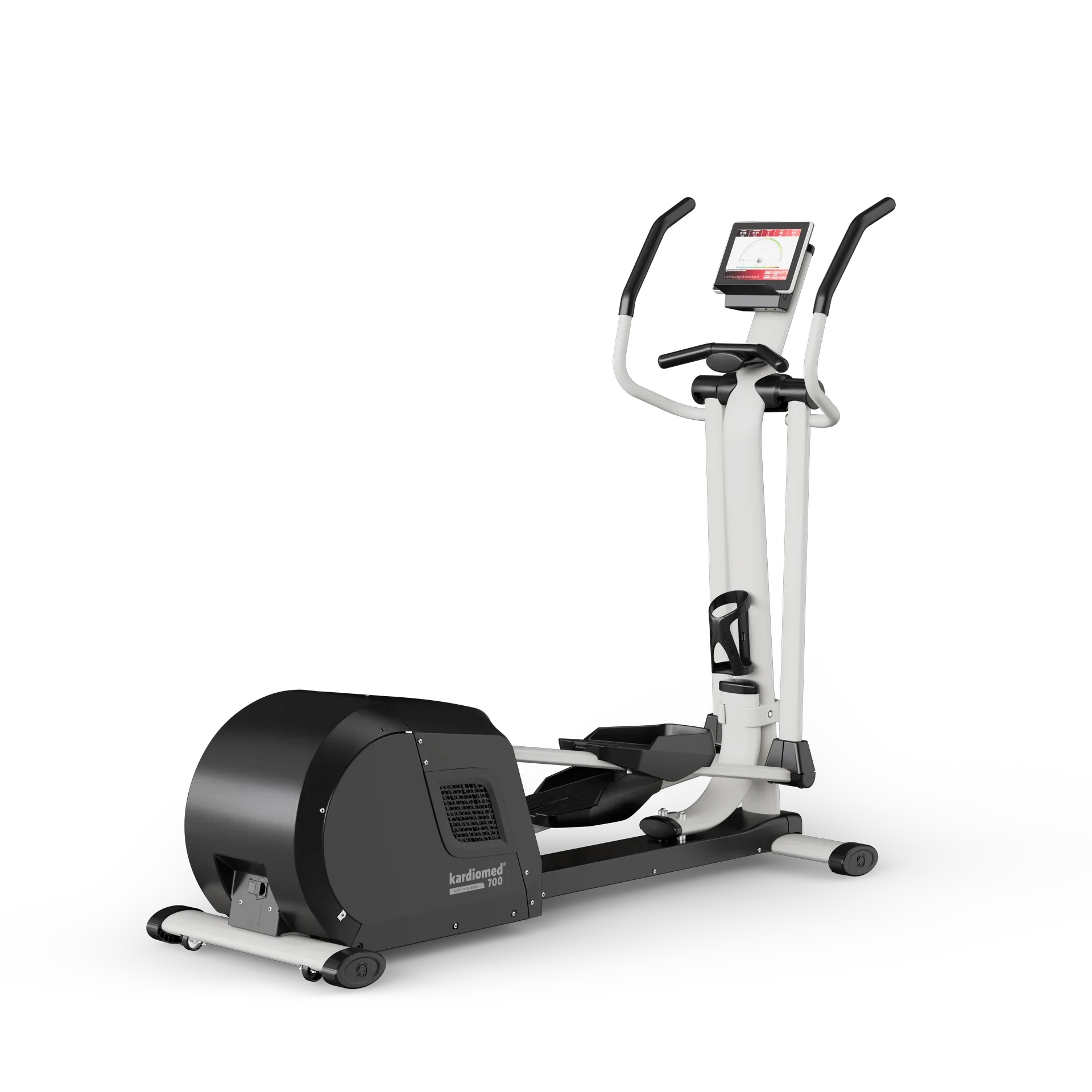 A modern elliptical exercise machine with a digital display monitor and black and white design.