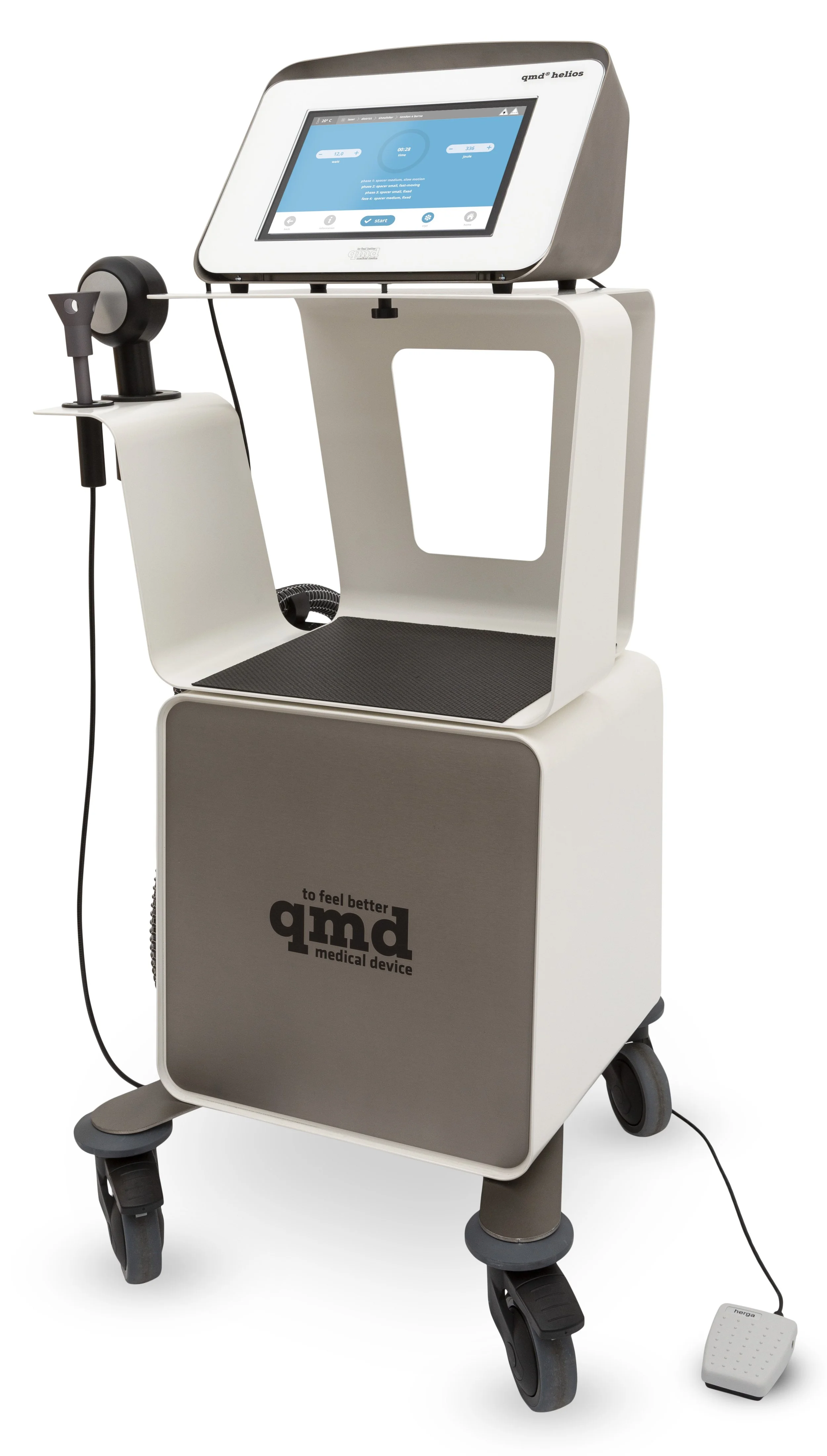 Medical device on a wheeled stand with a touchscreen interface, a connected probe, and a foot pedal, labeled 'qmd helio' and 'to feel better'.