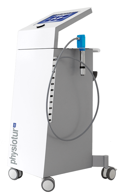 A medical device with wheels, a touchscreen display, and a hose with a handheld attachment, branded with Physiotur.