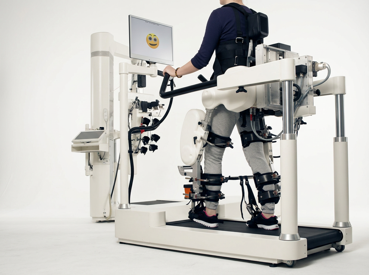 Person using a medical exoskeleton suit on a treadmill, with a computer monitor displaying a smiling emoji.
