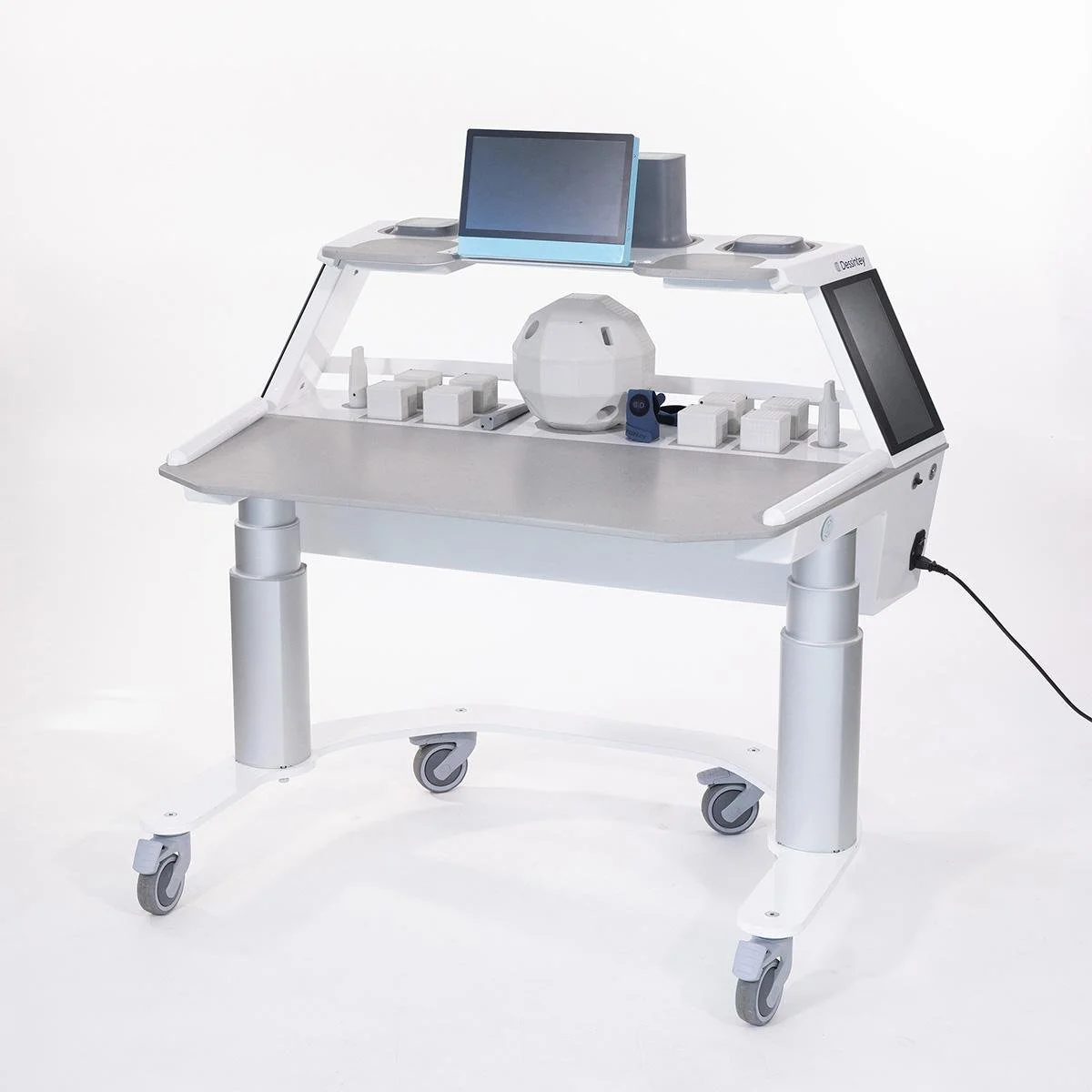 A futuristic medical or laboratory cart with a white and gray design, featuring a monitor, various containers, and a spherical device, set on a white background.