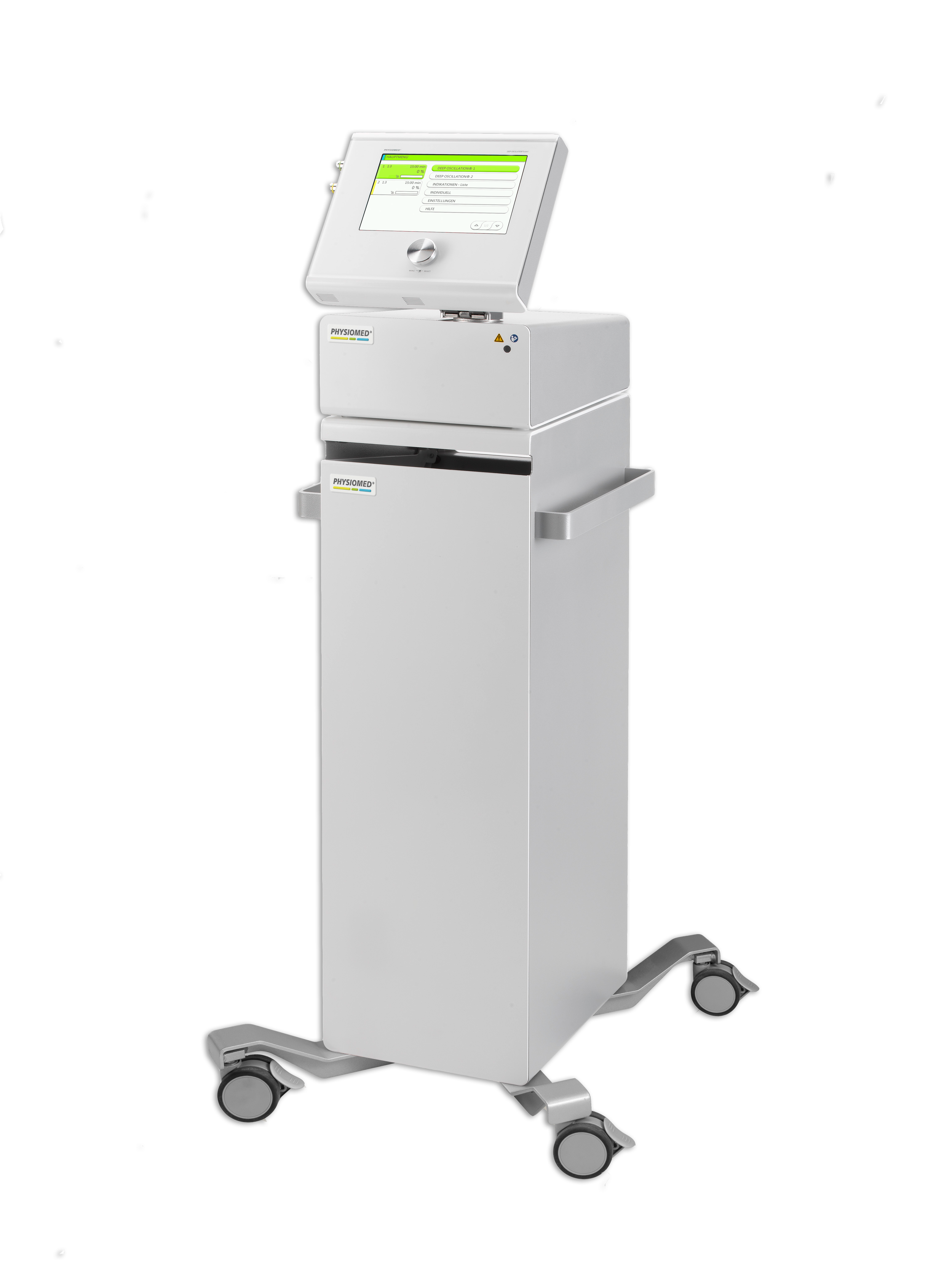 Medical monitor on a stand with wheels, displaying settings and information on a screen