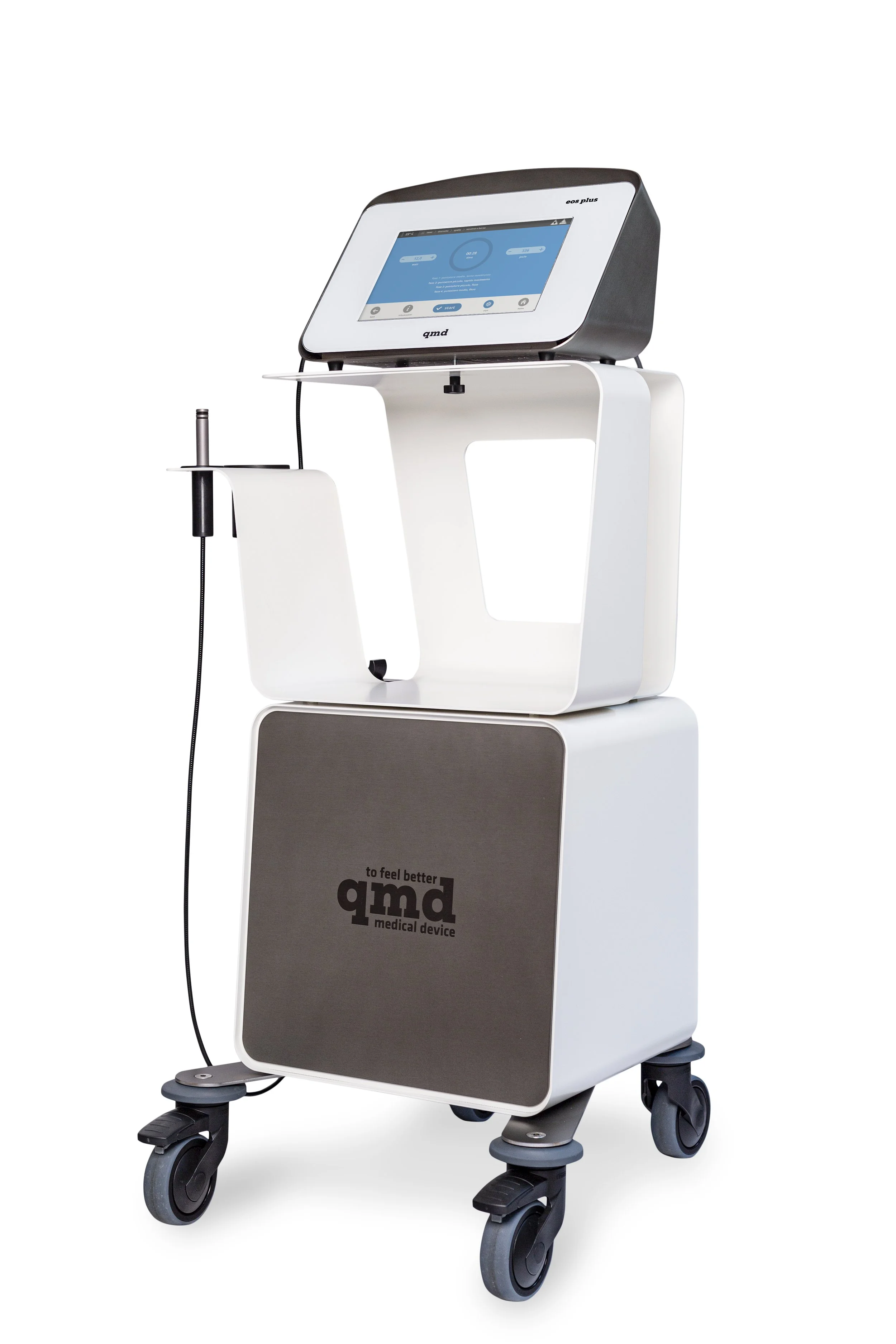 Medical device with a touchscreen interface on a wheeled stand, branded 'gmd' and 'to feel better'.