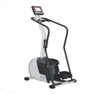 A white elliptical exercise machine with a digital display screen.