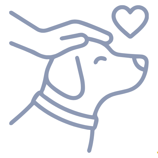 Line drawing of a hand petting a dog with a heart symbol nearby.