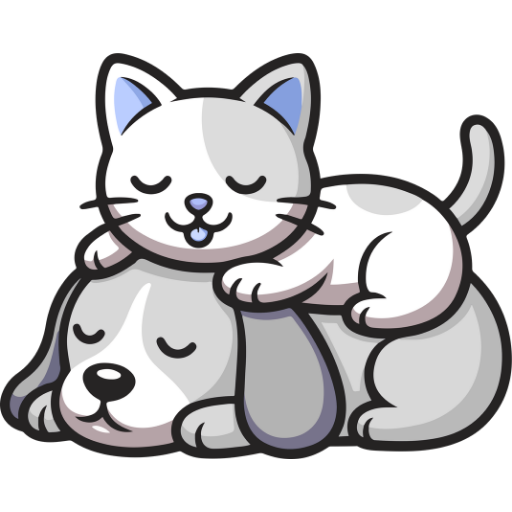 Cartoon image of a white cat happily resting on a gray sleeping dog.