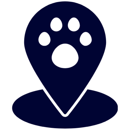 Dog paw print icon on a map marker pin.